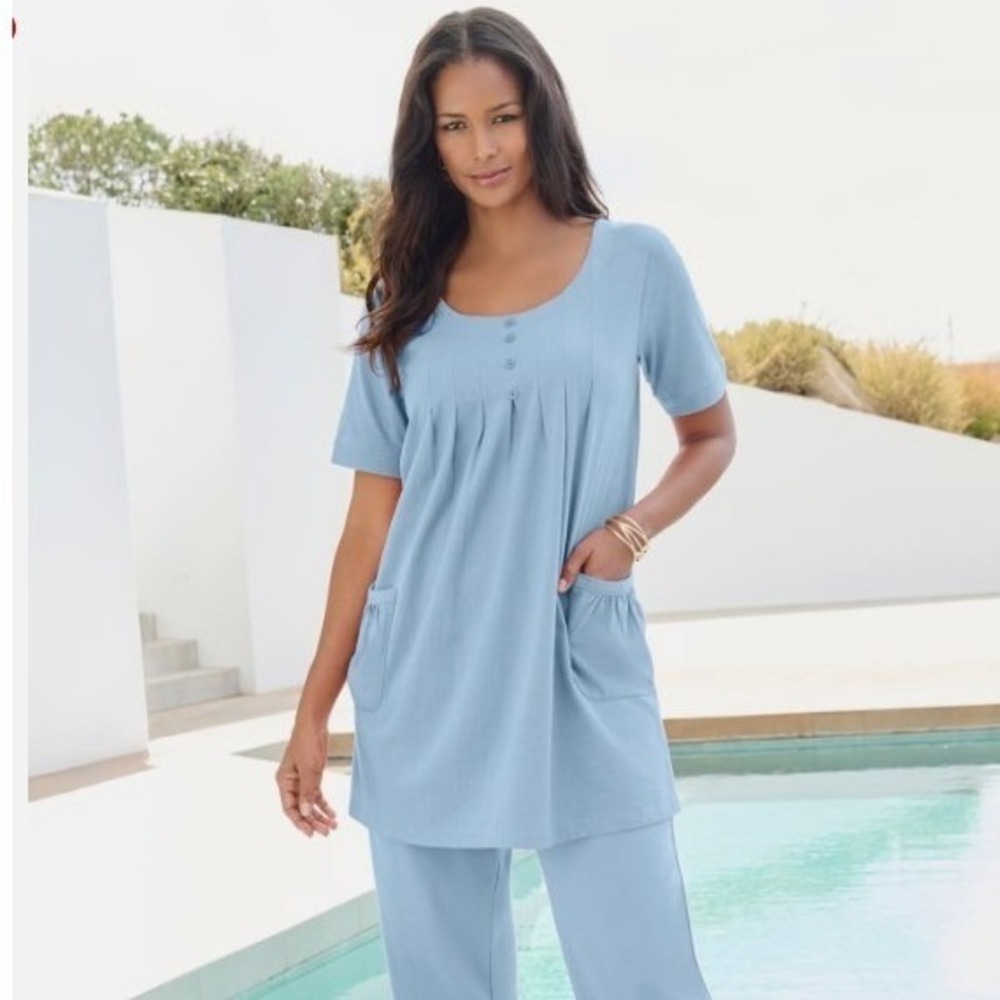 Roamans Womens Tunic Top Plus M 14/16 Blue Pocket Pleated Babydoll Cottagecore